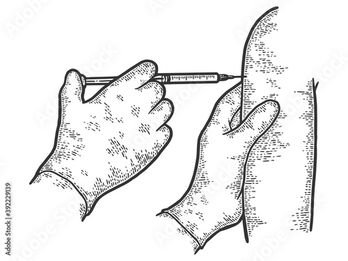 Vaccination in the shoulder against diseases. Engraving vector illustration.
