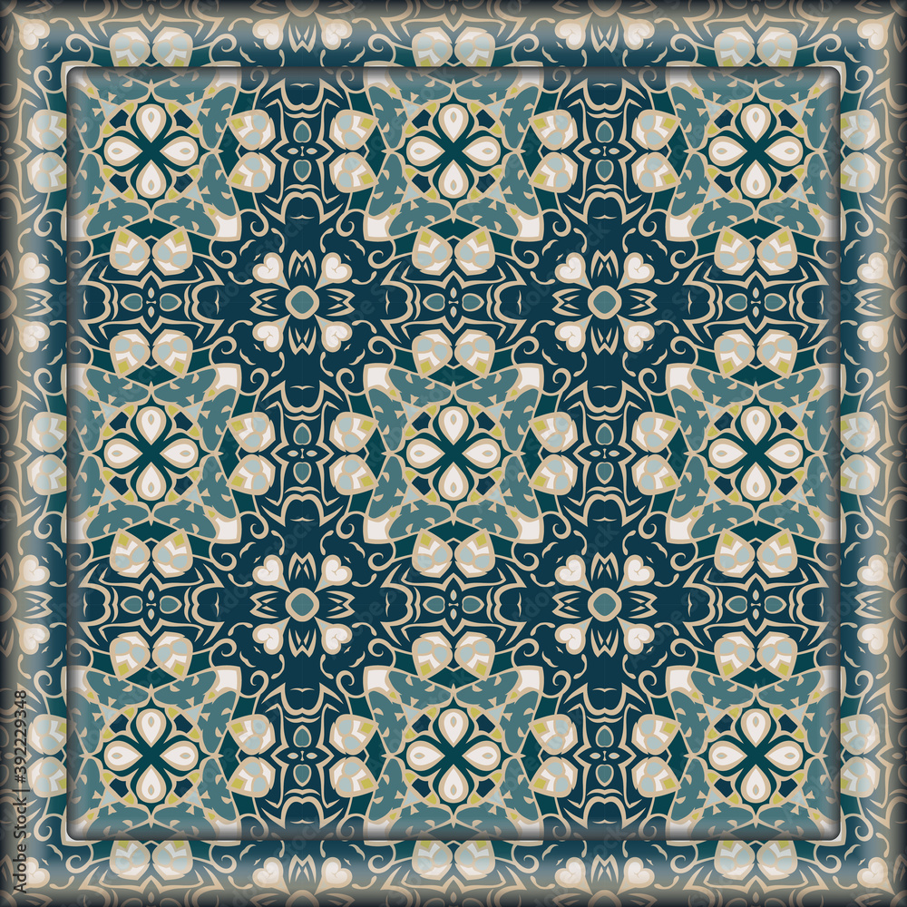 Creative color abstract geometric pattern in white gold green blue, vector seamless, can be used for printing onto fabric, interior, design, textile, rug, carpet, pillows, tiles. Frame. Creative color abstract geometric pattern in white gold green blue, vector seamless, can be used for printing onto fabric, interior, design, textile, rug, carpet, pillows, tiles. Frame.