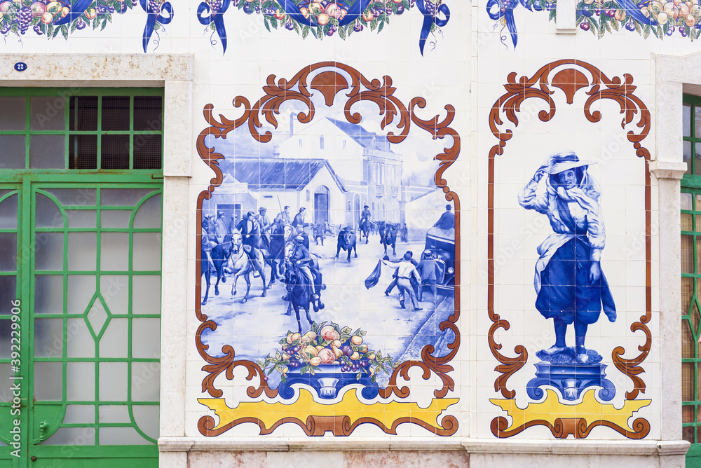 azulejos tiles panels that cover the Market reflects the activities of the market and the countryside in Vila Franca de Xira, portugal