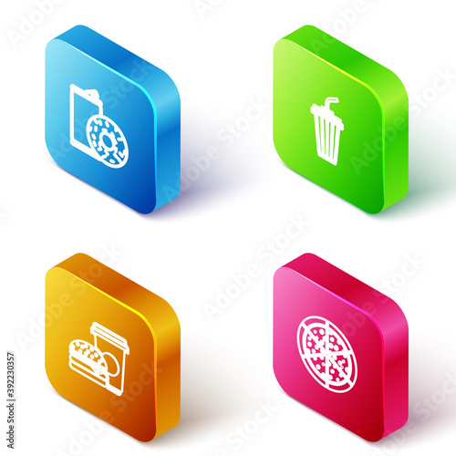 Set Isometric line Aluminum can soda and donut, Glass with water, Coffee burger and Pizza icon. Vector.