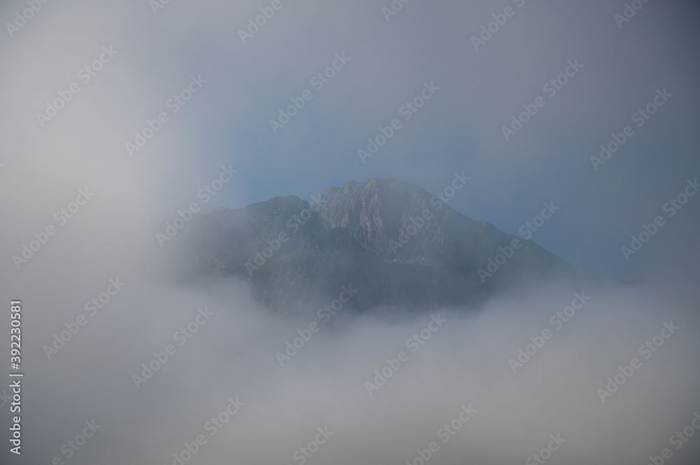 A mountain top wrapped in the fog