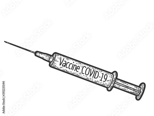 Syringe with covid-19 vaccine. Engraving vector illustration. Sketch scratch board imitation.