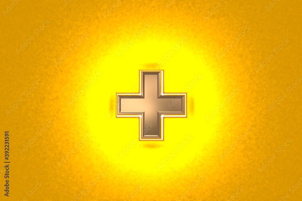 Obraz premium aged gold or copper metal font with intense yellow noisy backlight - plus isolated on orange, 3D illustration of symbols