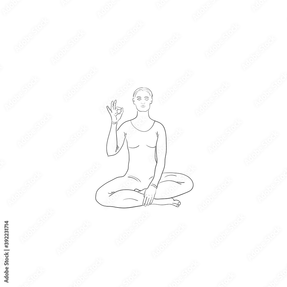 Young woman showing symbol okay in pose lotus, hand drawn vector in line art of black. Yoga vector illustration