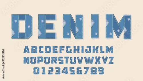 Blue denim font .Alphabet in style of Cartoon jeans.