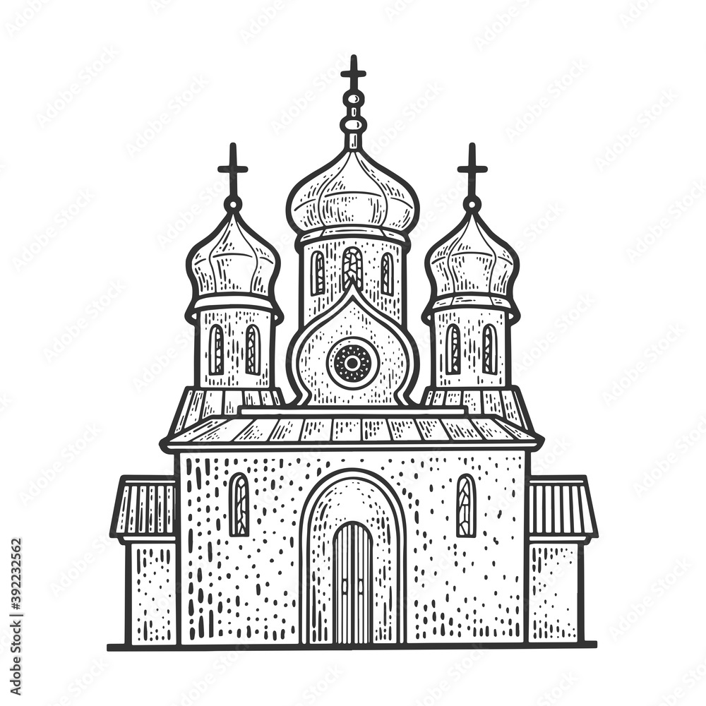 Russian Orthodox Christian Church building sketch engraving vector illustration. T-shirt apparel print design. Scratch board imitation. Black and white hand drawn image.