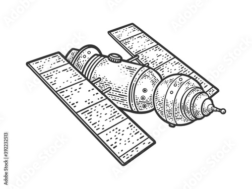 space satellite telescope sketch engraving vector illustration. T-shirt apparel print design. Scratch board imitation. Black and white hand drawn image.