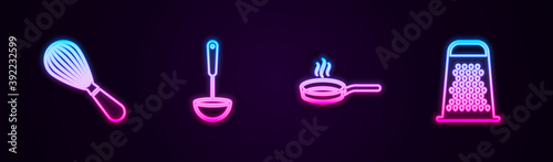 Set line Kitchen whisk, ladle, Frying pan and Grater. Glowing neon icon. Vector.