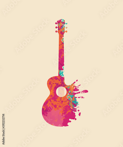 Creative bright musical illustration. Vector design of an abstract guitar in form of multi colored paint spots and splashes on a light background