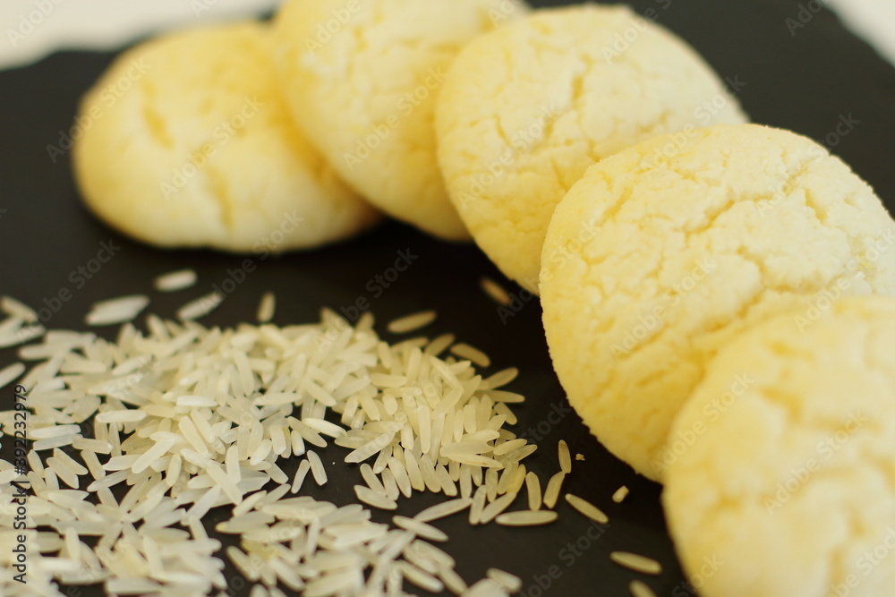 Home made rice cookies, fresh delicious sweet diet pastry, receipt of rice flour bakery Home made rice cookies, fresh delicious sweet diet pastry, receipt of rice flour bakery