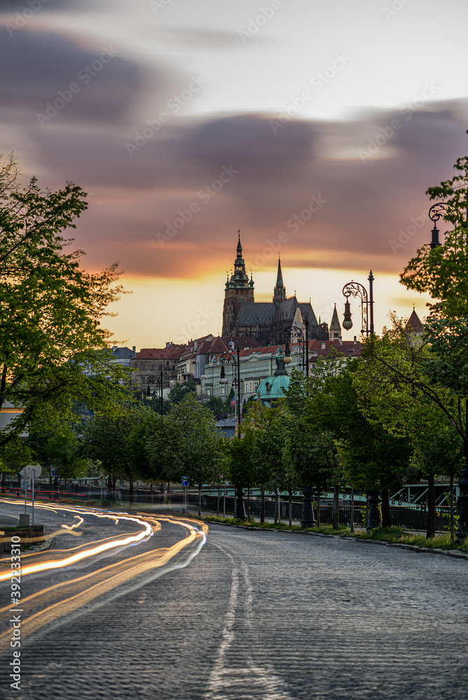 Magnificent dusk over the Prague Castle and St. Vitus Cathedral.
