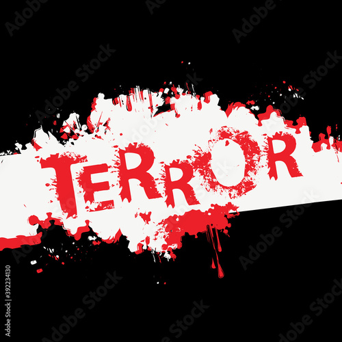 TERROR lettering with scary letters and bloody streaks on a light background. Vector illustration in the form of an abstract inscription with sinister red splatters and stains of blood or paint