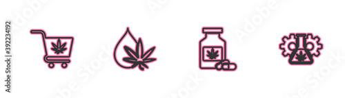 Set line Shopping cart with marijuana, Medical bottle, Marijuana or cannabis leaf oil and Test tube icon. Vector.