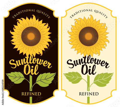 Set of two labels for refined sunflower oil with a big blossom sunflower and green leaves in a figured frame. Vector illustration in retro style, advertising banner