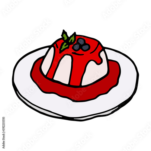 Panna cotta italian traditional food. Hand drawn sketch style. Vector colorful illustration isolated on white background for restaurant menu and package design, poster, web.