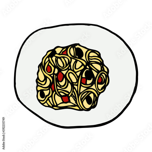 Spaghetti italian traditional food. Hand drawn sketch style. Vector colorful illustration isolated on white background for restaurant menu and package design, poster, web.
