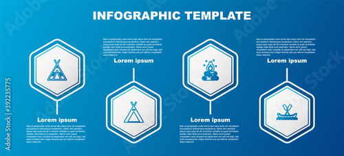 Set line Tourist tent, , Campfire and Rafting boat. Business infographic template. Vector.