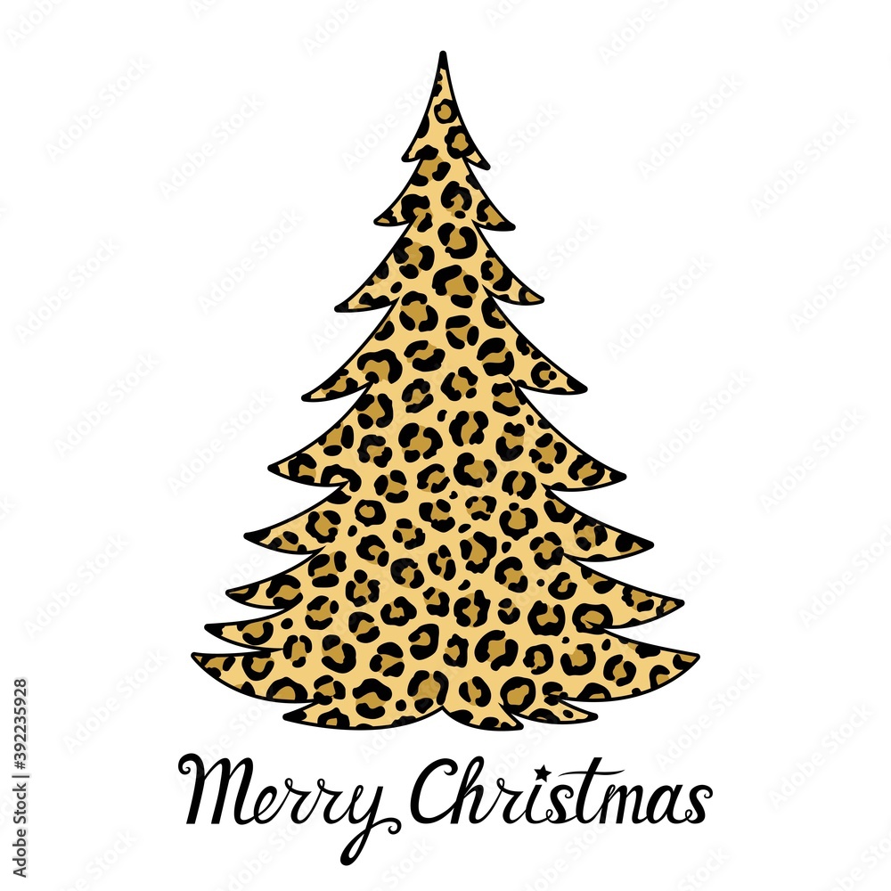 Merry Christmas phrase with leopard tree print. Vector holiday card. Animal decorative ornament. Hand lettering. Illustration. Isolated on white background. For printing on T-shirts, bags, banners. Merry Christmas phrase with leopard tree print. Vector holiday card. Animal decorative ornament. Hand lettering. Illustration. Isolated on white background. For printing on T-shirts, bags, banners.