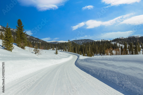 Snowy road in winter mountains. Ergaki mountain range on a sunny day, Western Sayan Mountains, Siberia, Russia. Winter driving on a snowbound track © Вера Тихонова