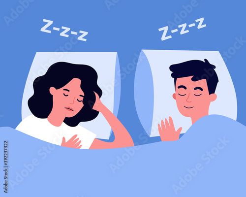 Peaceful couple sleeping in bed. Sleepy man and woman, pillows, blanket flat vector illustration. Resting, deep sleep, relationship concept for banner, website design or landing web page