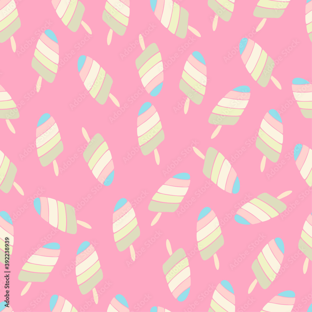 Seamless pattern. Ice cream on a stick on a pink background. Fruit ice. Vector. Decor element. Seamless pattern. Ice cream on a stick on a pink background. Fruit ice. Vector. Decor element.