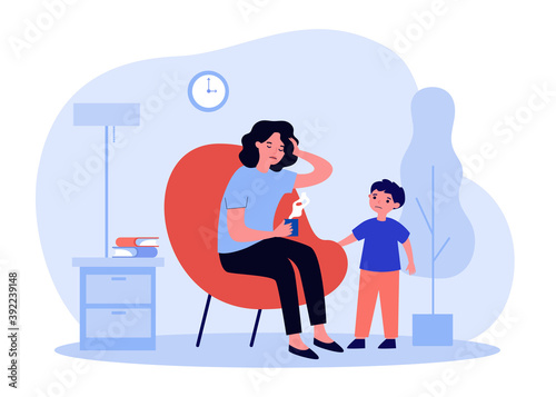 Sick mom suffering from headache. Worried kid, ill mother with hot drink flat vector illustration. Flu, migraine, disease concept for banner, website design or landing web page