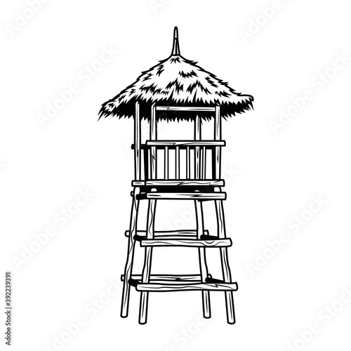 Black wooden lifeguard tower vector illustration. Vintage promotional sign for concert or music festival. Hawaii and tropical vacation concept can be used for retro template, banner or poster