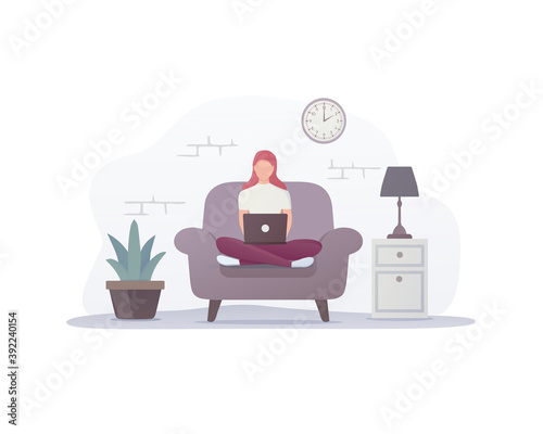 Work and study at home. Flat illustration of workplace. A girl with a laptop works sitting on the armchair. Isolated on white background. 