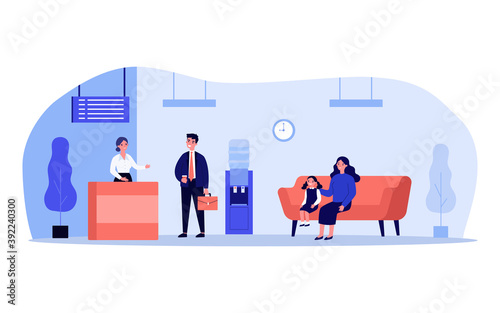 People waiting their turn at check-in counter. Hall with reception, electronic display, cooler flat vector illustration. Hotel, hospital hall concept for banner, website design or landing web page