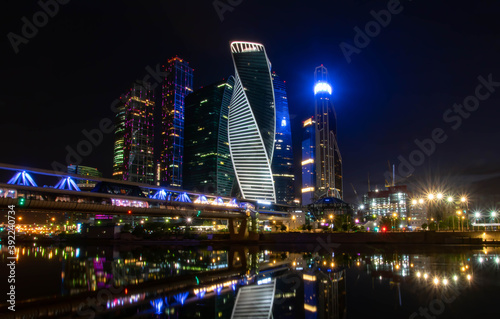 Moscow city at night across the river
