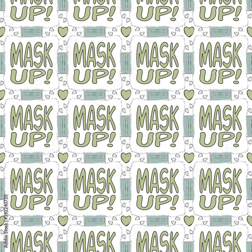 Vector Covid19 Green Surgical Face Masks with Text on White Background Seamless Repeat Pattern. Background for textiles, cards, manufacturing, wallpapers, print, gift wrap and scrapbooking.