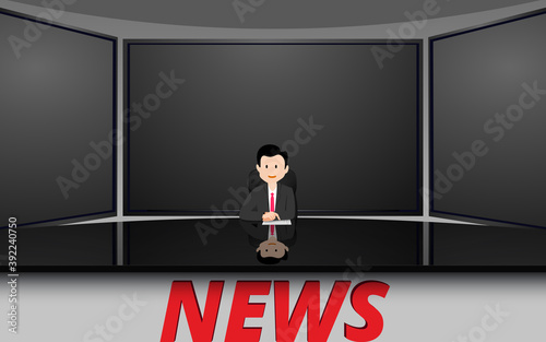 broadcaster on the glass table and lcd background in the news studio room