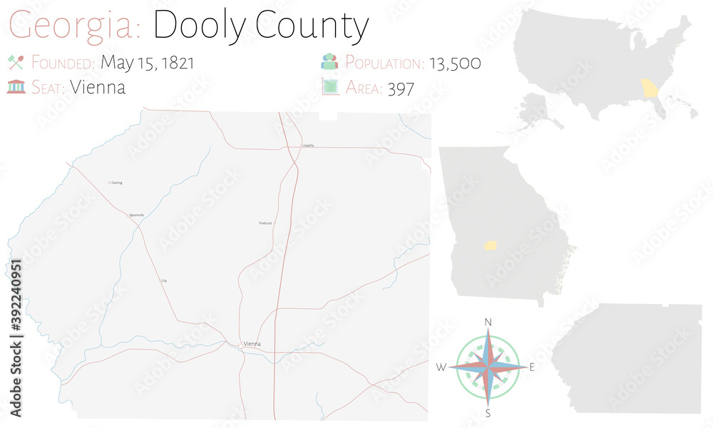 Large and detailed map of Dooly county in Georgia, USA.