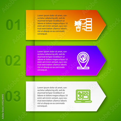 Set line Flower analysis, Location and tree, Smart farming technology and Temperature humidity sensor. Business infographic template. Vector.