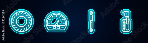 Set line Car tire, Speedometer, Shock absorber and Gear shifter. Glowing neon icon. Vector.