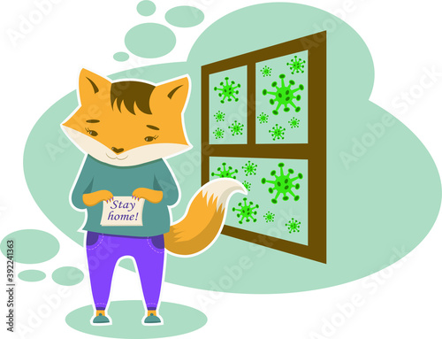 Colorful anticovid agitation in flat style with cute Foxy and viruses