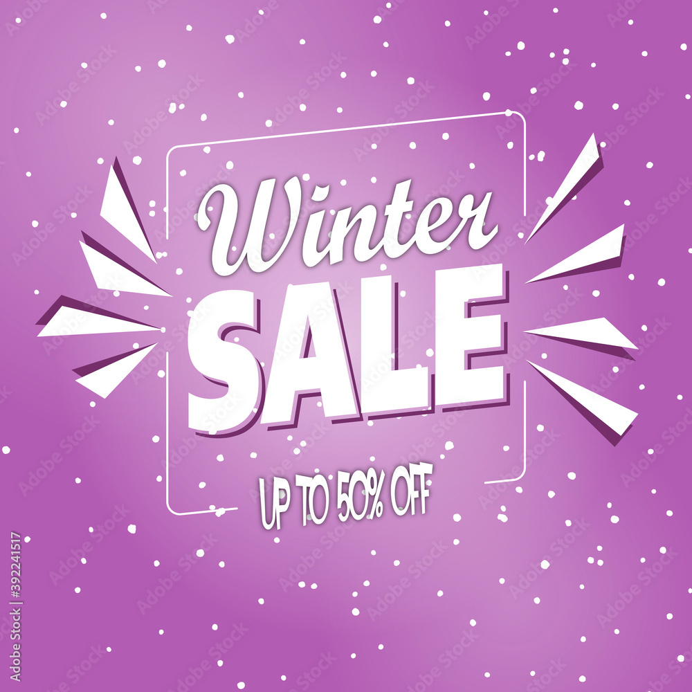 Winter sale, up to 50% off. Snowy pink background poster. Snowy pink background banner.
