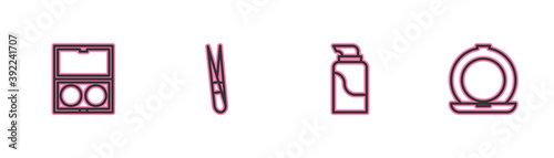 Set line Makeup powder with mirror, Cream cosmetic tube, Eyebrow tweezers and icon. Vector.