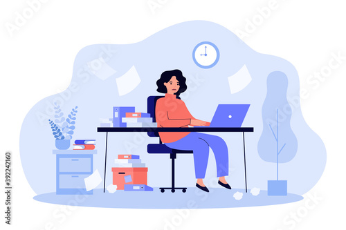 Busy secretary sitting at desk with laptop, folders and pile of papers isolated flat vector illustration. Cartoon overworked businesswoman working in office. Workaholic and workplace concept