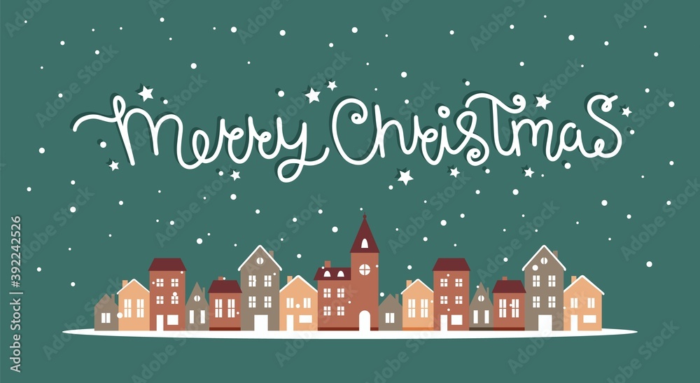 Merry christmas winter houses with snow, cute vector illustration in flat style with lettering