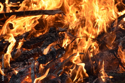 Burning wood in fireplace, tongue of flame and hot coals, Background of smoldering wood and flame in a fireplace close up
