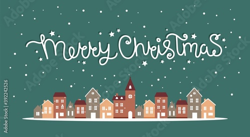 Merry christmas winter houses with snow, cute vector illustration in flat style with lettering