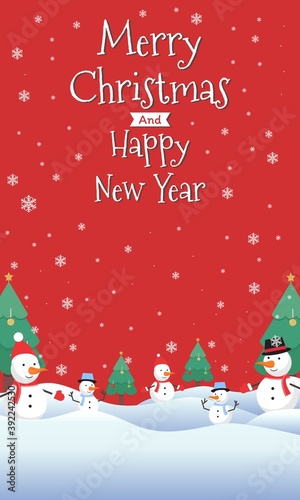 Merry Christmas and happy new year, vector Illustration background.  include Snow man wearing Hat scarf and winter glove, santa, deer, tree, snow, etc. good for banner, card, book, gift, and happiness