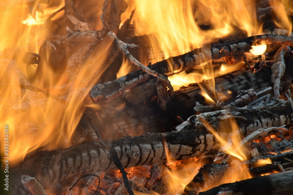 Fototapeta premium Wood burning in a cozy fireplace at home, keep warm. texture