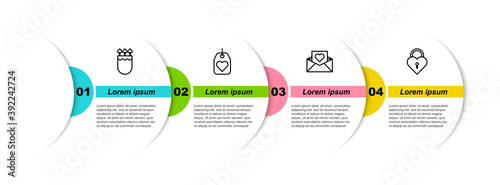 Set line Quiver and arrows with heart, Heart tag, Envelope Valentine and Castle the shape of. Business infographic template. Vector.