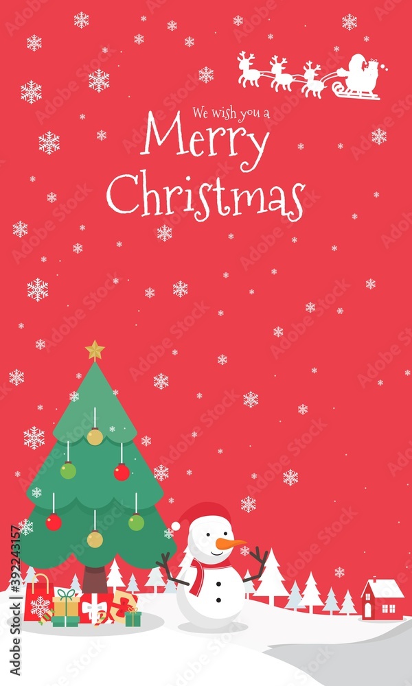 Merry Christmas vector Illustration on color background.  include Snow man wearing Hat scarf and winter glove, santa, deer, tree, snow, etc. good for banner, card, book, gift, and happiness
