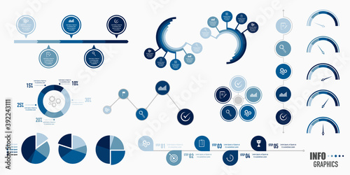 Collection of vector circle chart infographic templates for presentations, advertising, layouts, annual reports. 5 options, steps, parts, performance review.