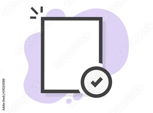 Checked approved document blank empty page with check mark tick icon vector line outline art, success assessment mark of test exam result form check isolated black and white