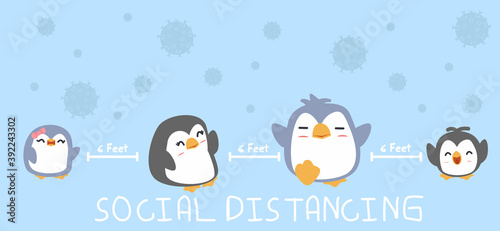 family penguin social distancing to prevent Coronavirus Stop Covid-19 poster with text