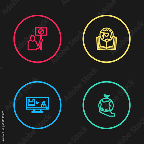 Set line Stop plastic pollution, Hand holding Earth globe, book and Nature saving protest icon. Vector.